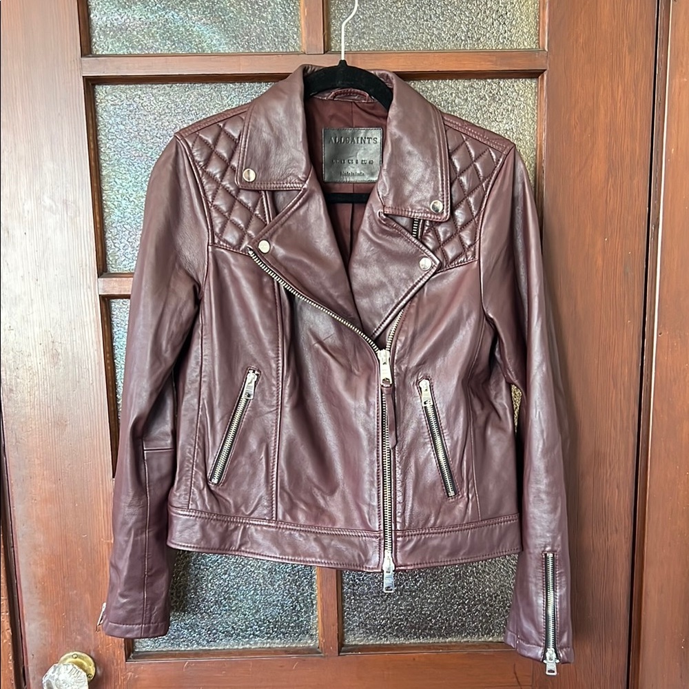 All Saints Brown Leather Biker Jacket with Quilted Shoulders Oxblood